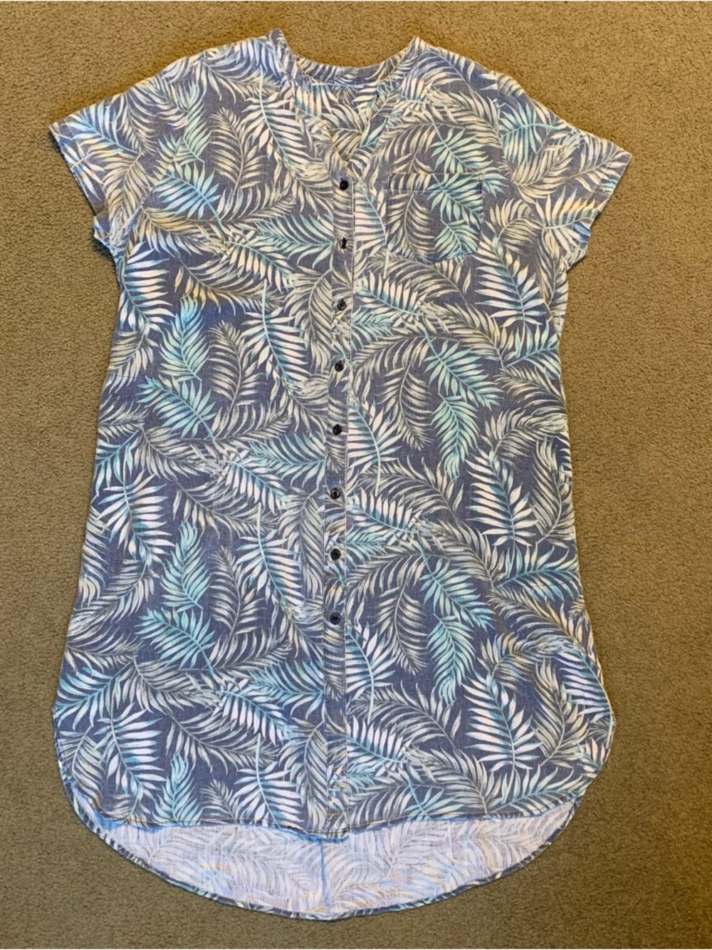 Tropical Button-Front Tunic Dress Blue & White Hawaiian Floral Medium Pockets